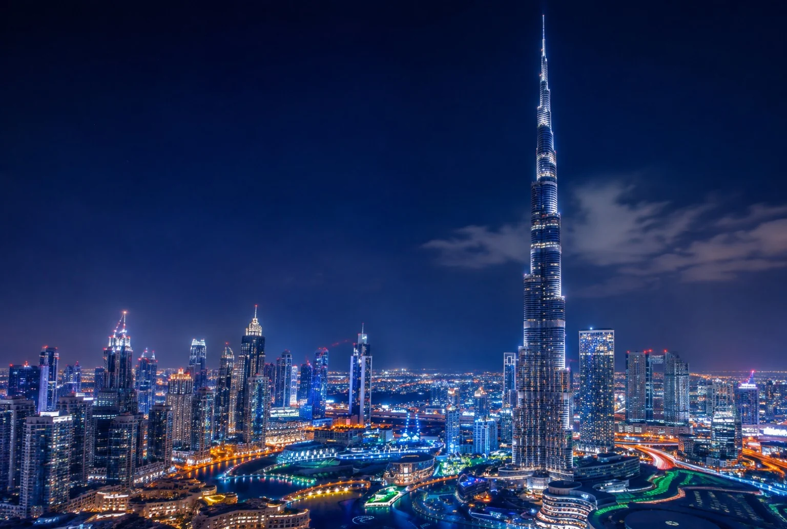 Dubai skyline at night with Burj Khalifa