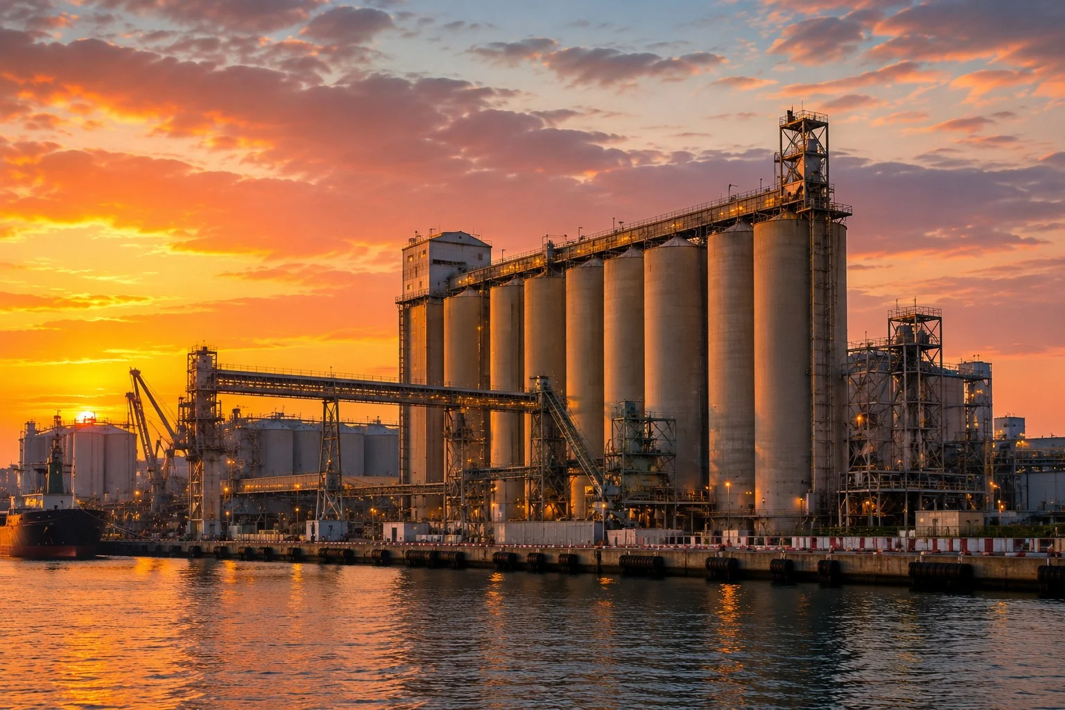 Grain silos at sunset in the port