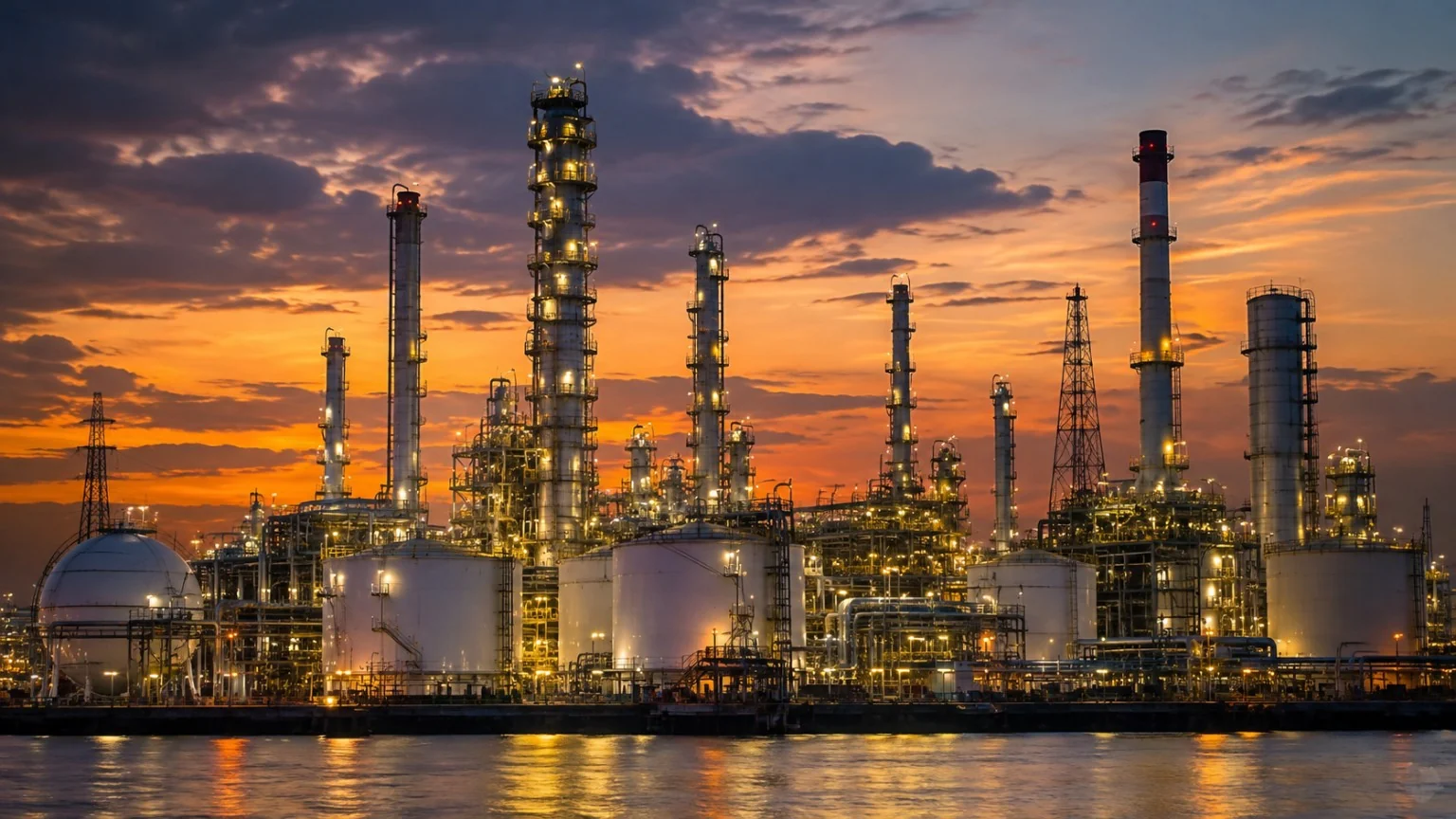 Oil refinery at sunset