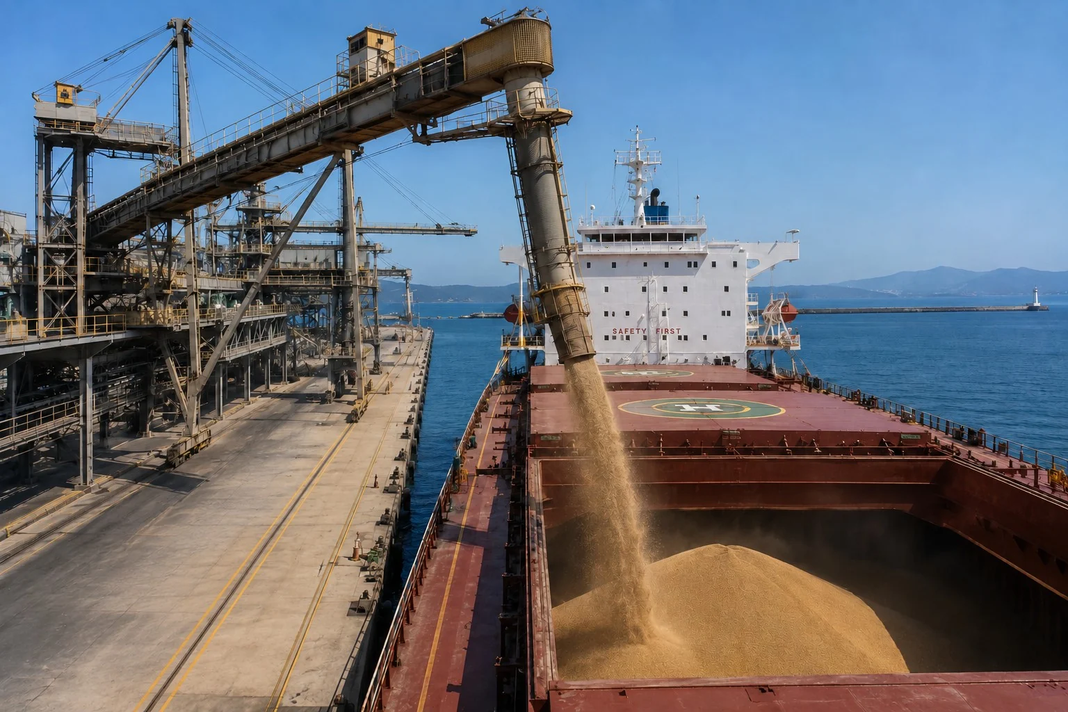 Bulk carrier loading cargo at port