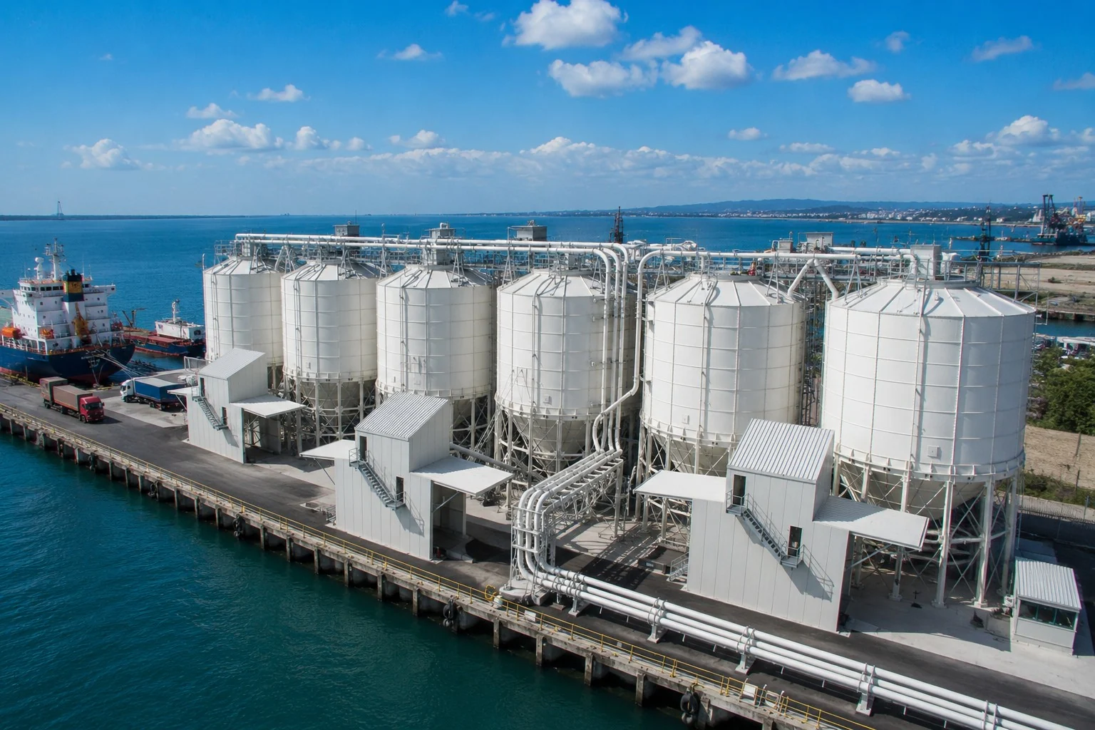 Port storage silos by the sea